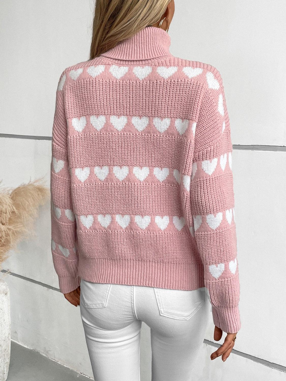 Heart Turtleneck Dropped Shoulder Sweater - Trendy by Luna