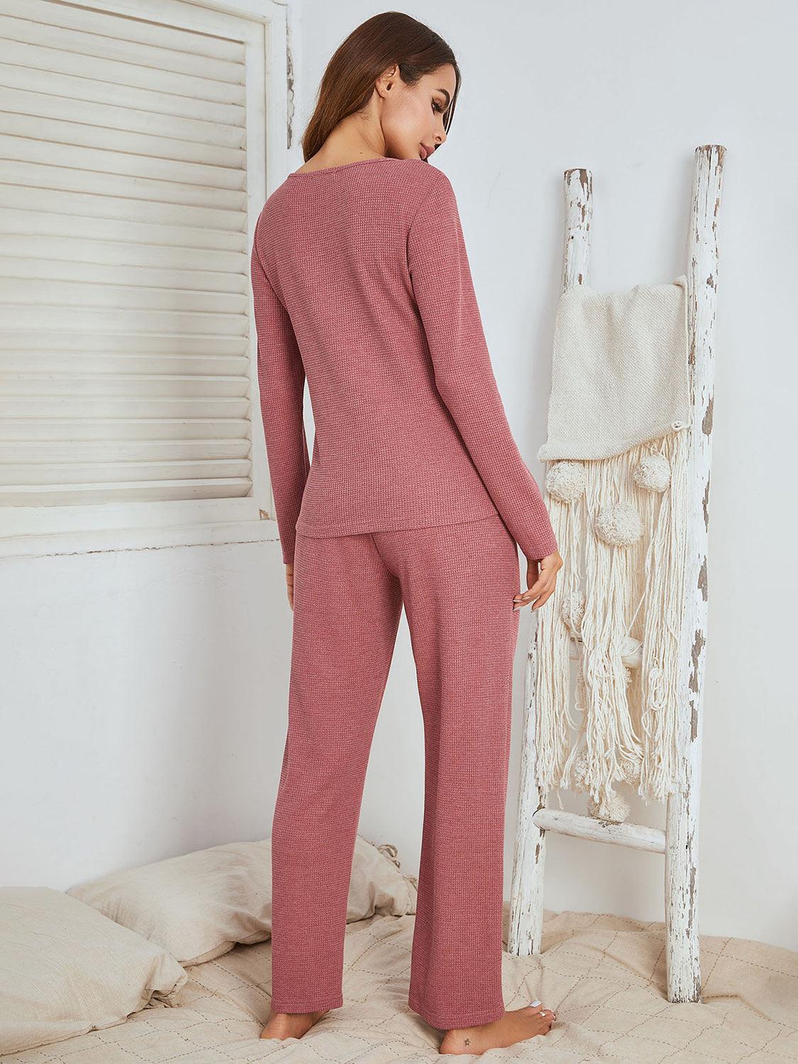 Notched Long Sleeve Top and Pants Set - Trendy by Luna