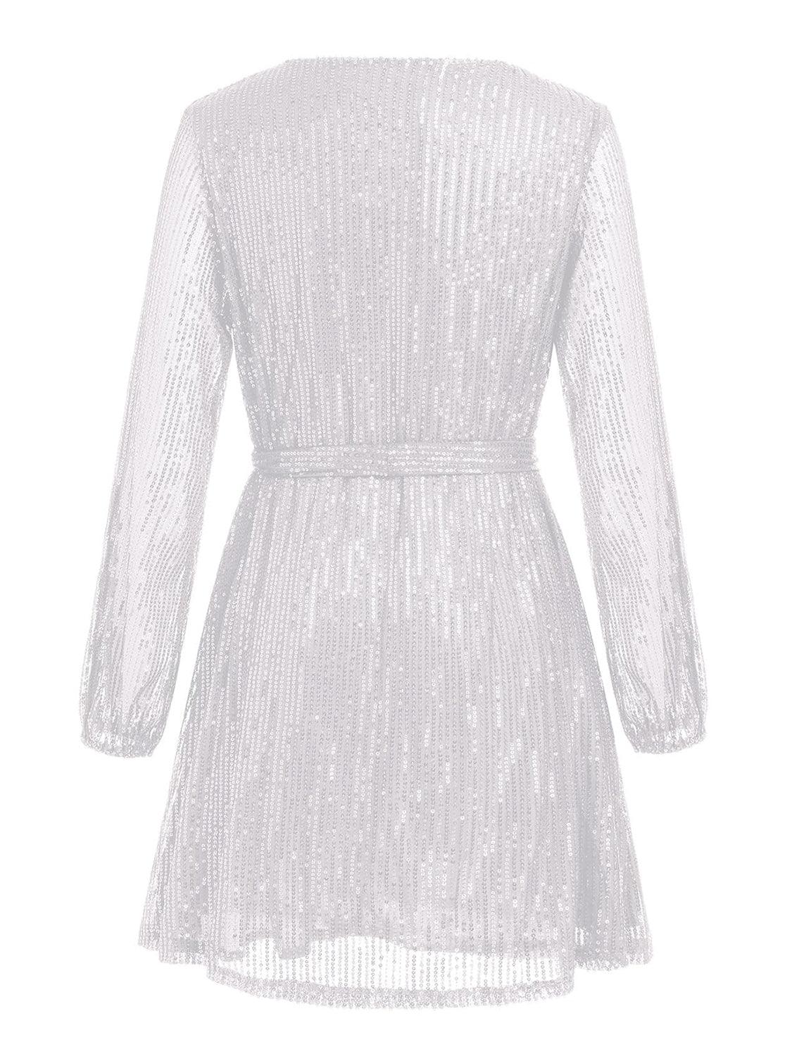 Sequin Tie Waist Long Sleeve Mini Dress - Trendy by Luna