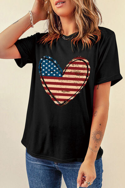 Stars and Stripes Heart Round Neck Short Sleeve T-Shirt - Trendy by Luna