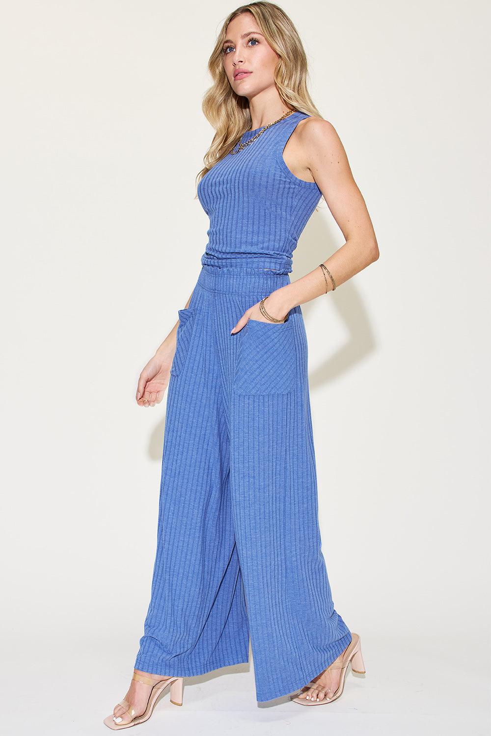 Full Size Ribbed Tank and Wide Leg Pants Set - Trendy by Luna