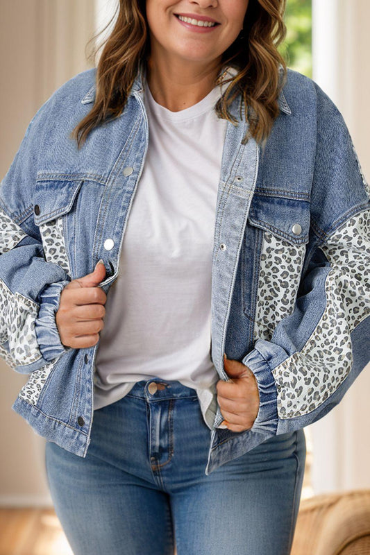 Plus Size Leopard Long Sleeve Denim Jacket - Trendy by Luna