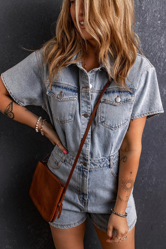 Collared Neck Short Sleeve Denim Romper - Trendy by Luna