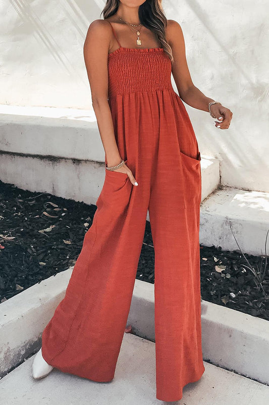 Smocked Spaghetti Strap Wide Leg Jumpsuit - Trendy by Luna