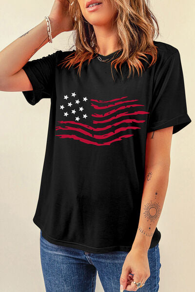 US Flag Round Neck Short Sleeve T-Shirt - Trendy by Luna