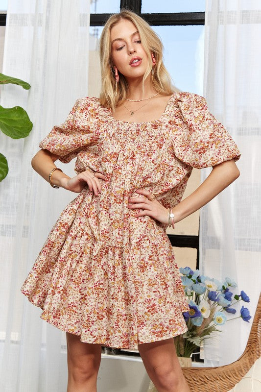 ADORA Floral Square Neck Puff Sleeve Dress - Trendy by Luna