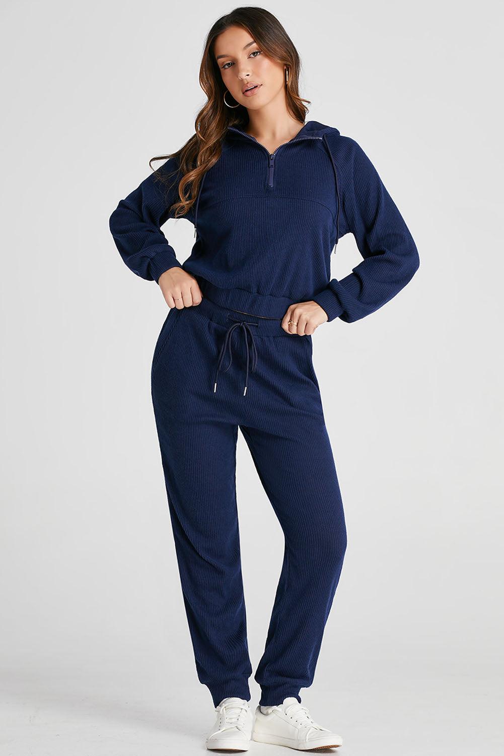 Drawstring Half Zip Hoodie and Joggers Active Set - Trendy by Luna