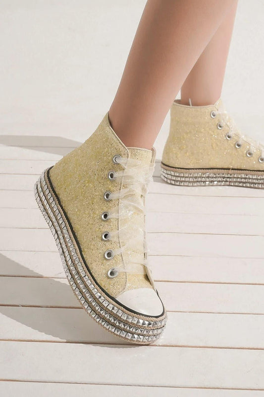 Beast Fashion Glitter Lace-Up Studded Platform Sneakers - Trendy by Luna