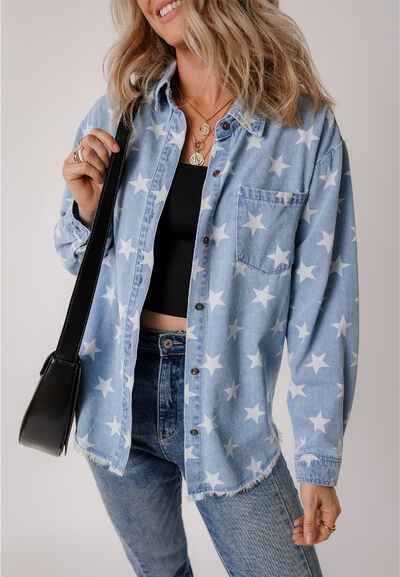 Raw Hem Star Collared Neck Denim Top - Trendy by Luna