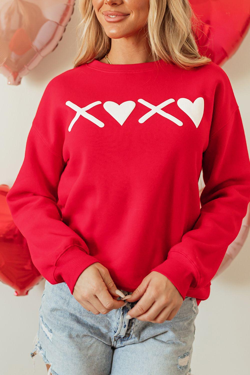 Valentine’s Day XOXO Round Neck Drop Shoulder Sweatshirt - Trendy by Luna