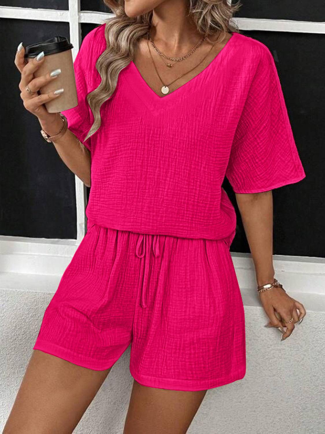 V-Neck Half Sleeve Top and Shorts Set - Trendy by Luna