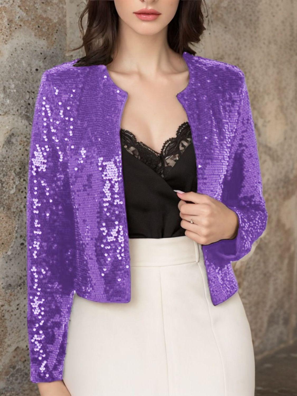 Full Size Sequin Open Front Cropped Jacket - Trendy by Luna