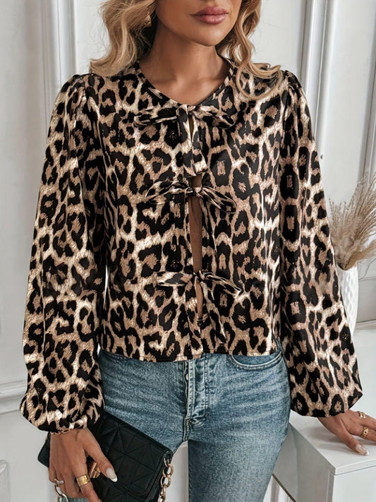 Tied Leopard Round Neck Long Sleeve Top - Trendy by Luna