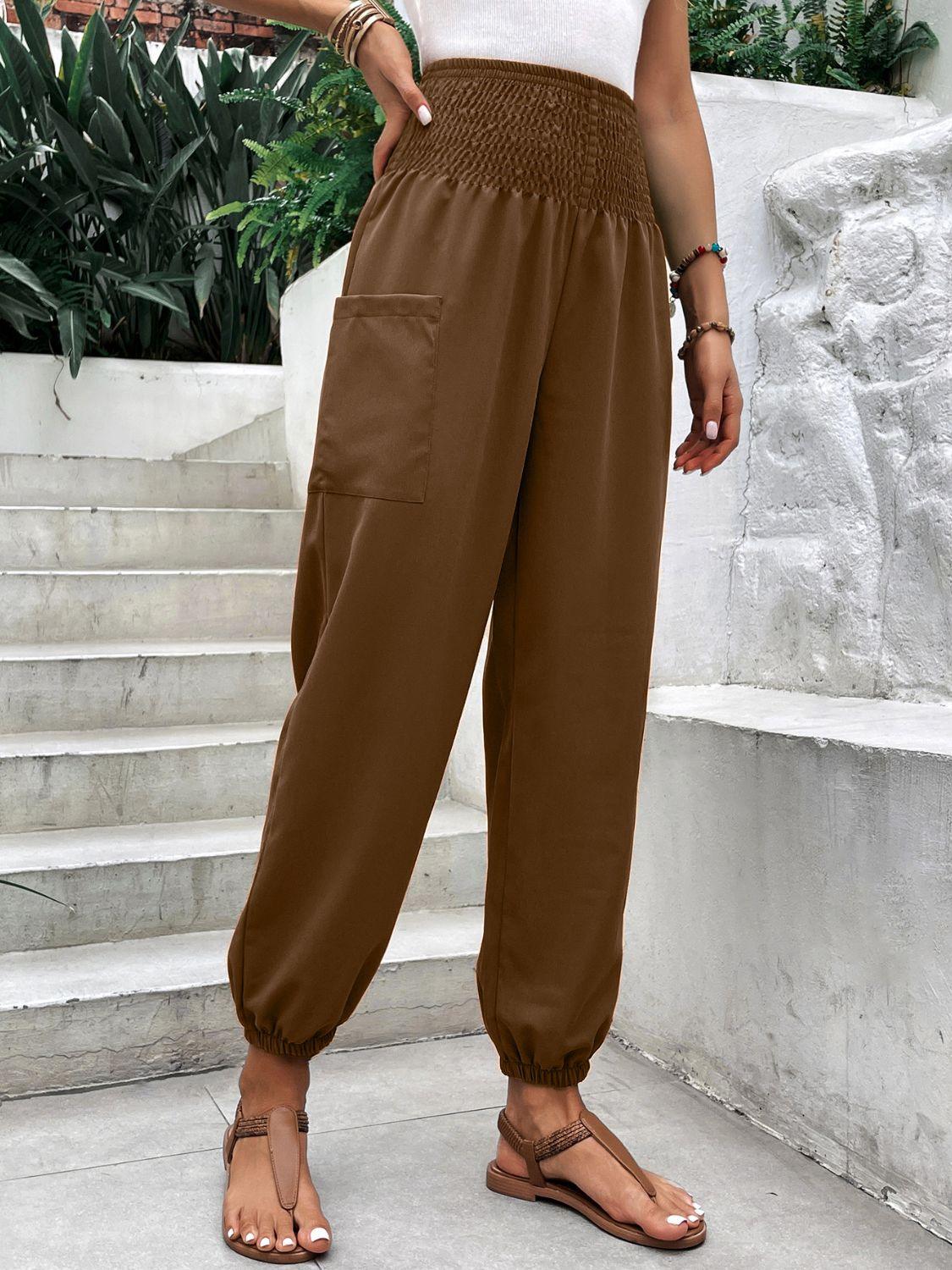 Smocked High Rise Joggers with Pockets - Trendy by Luna