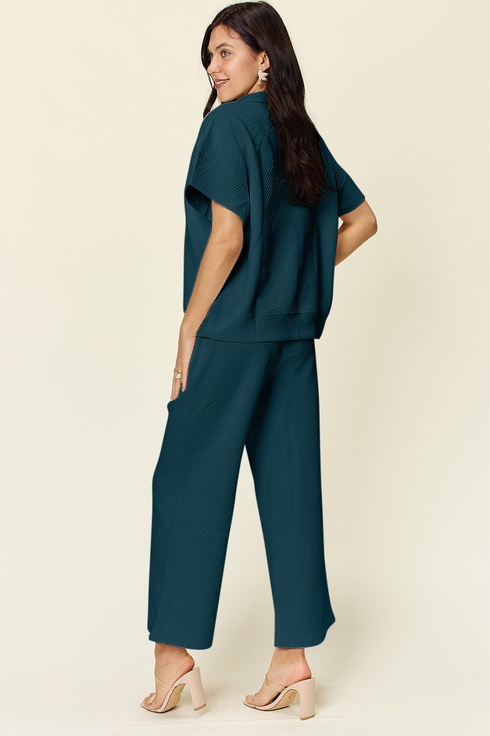 Full Size Texture Half Zip Short Sleeve Top and Pants Set