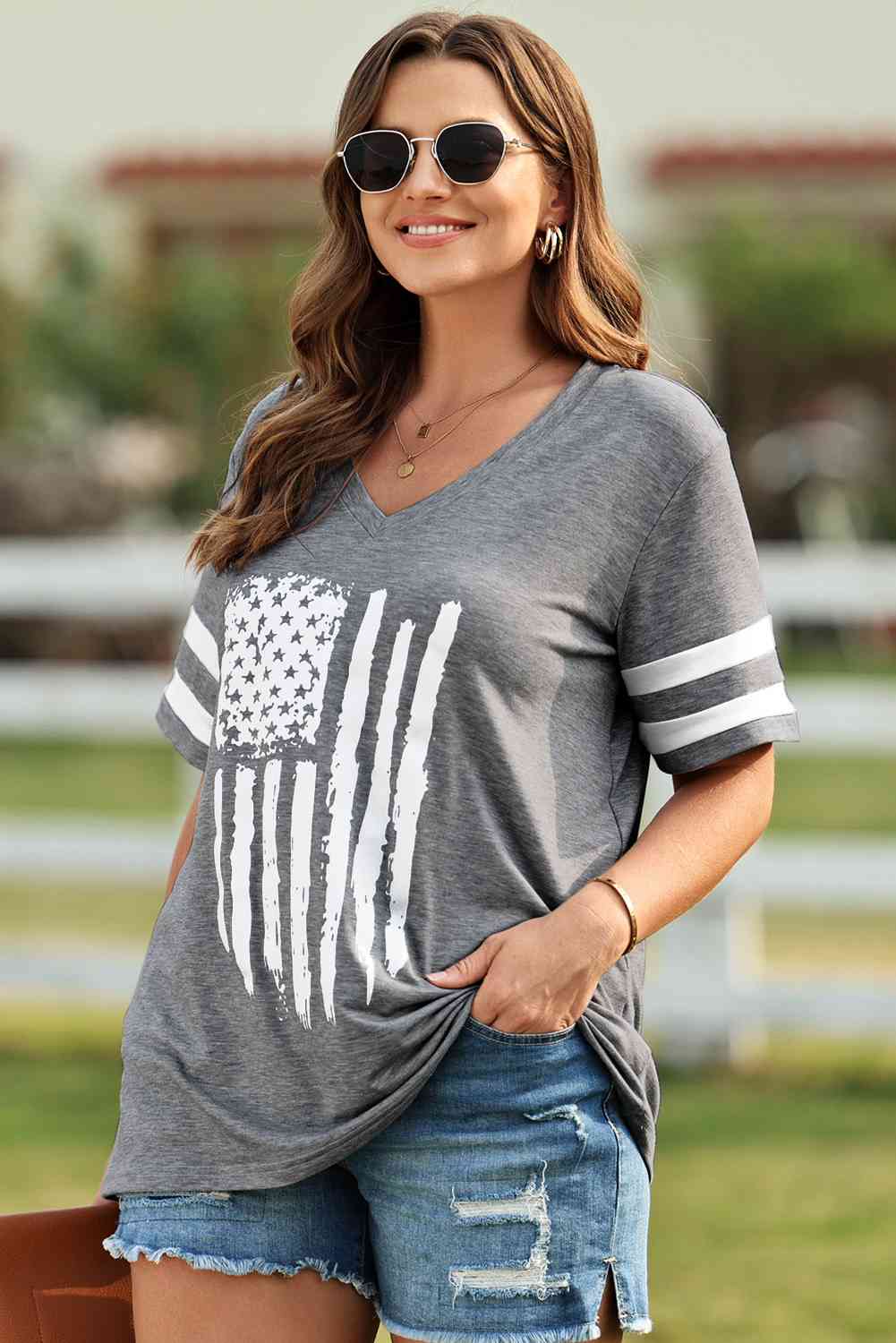 Plus Size US Flag Graphic V-Neck Tee - Trendy by Luna