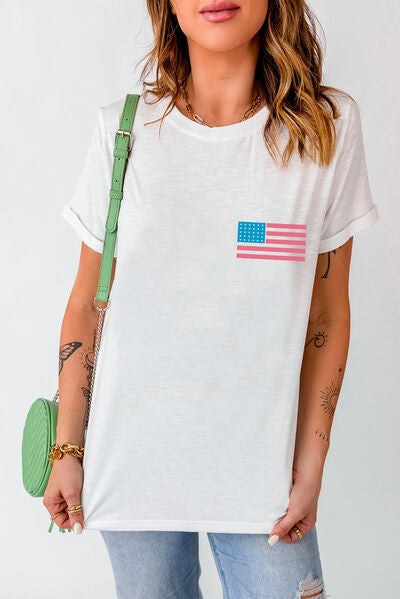 US Flag Round Neck Short Sleeve T-Shirt - Trendy by Luna