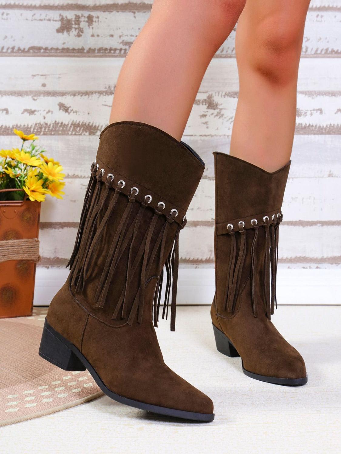 Fringe Suede Point Toe Block Heel Boots - Trendy by Luna