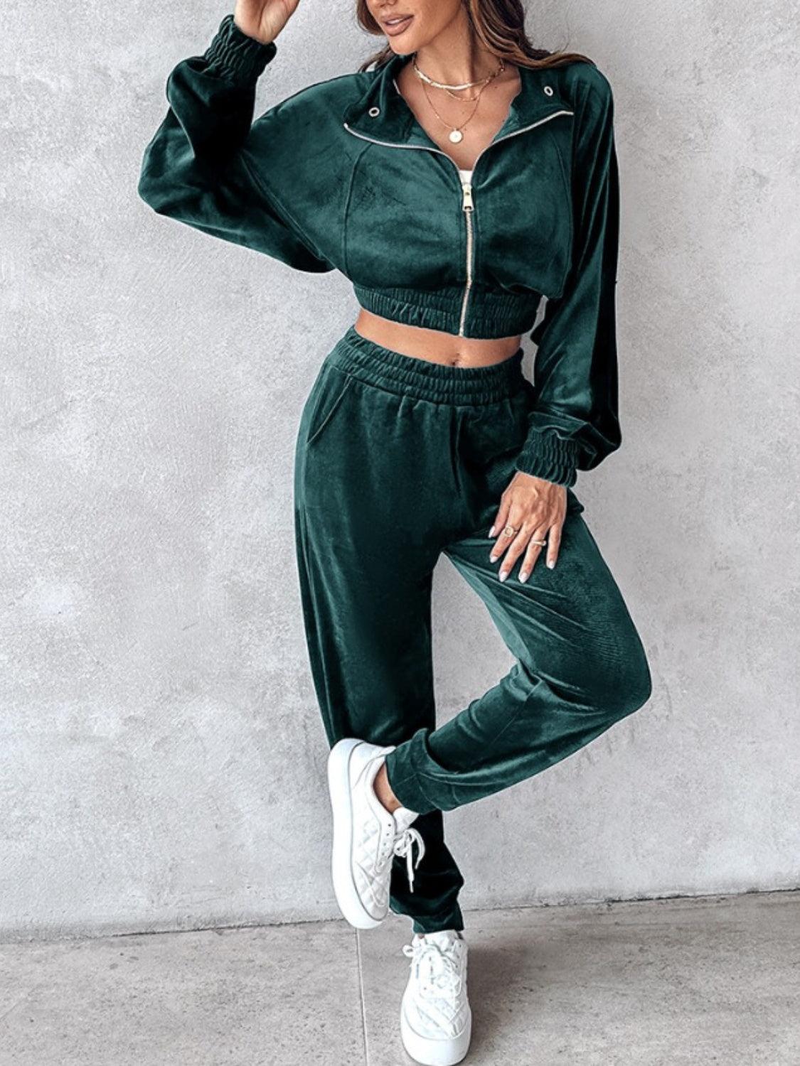 Zip Up Long Sleeve Cropped Top and Joggers Set - Trendy by Luna