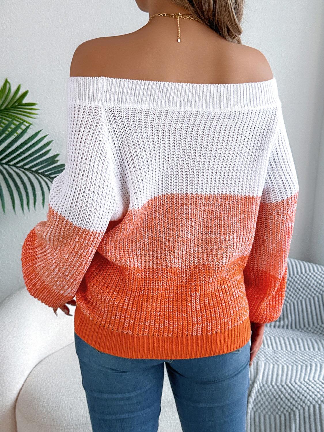 Color Block Off-Shoulder Long Sleeve Sweater - Trendy by Luna