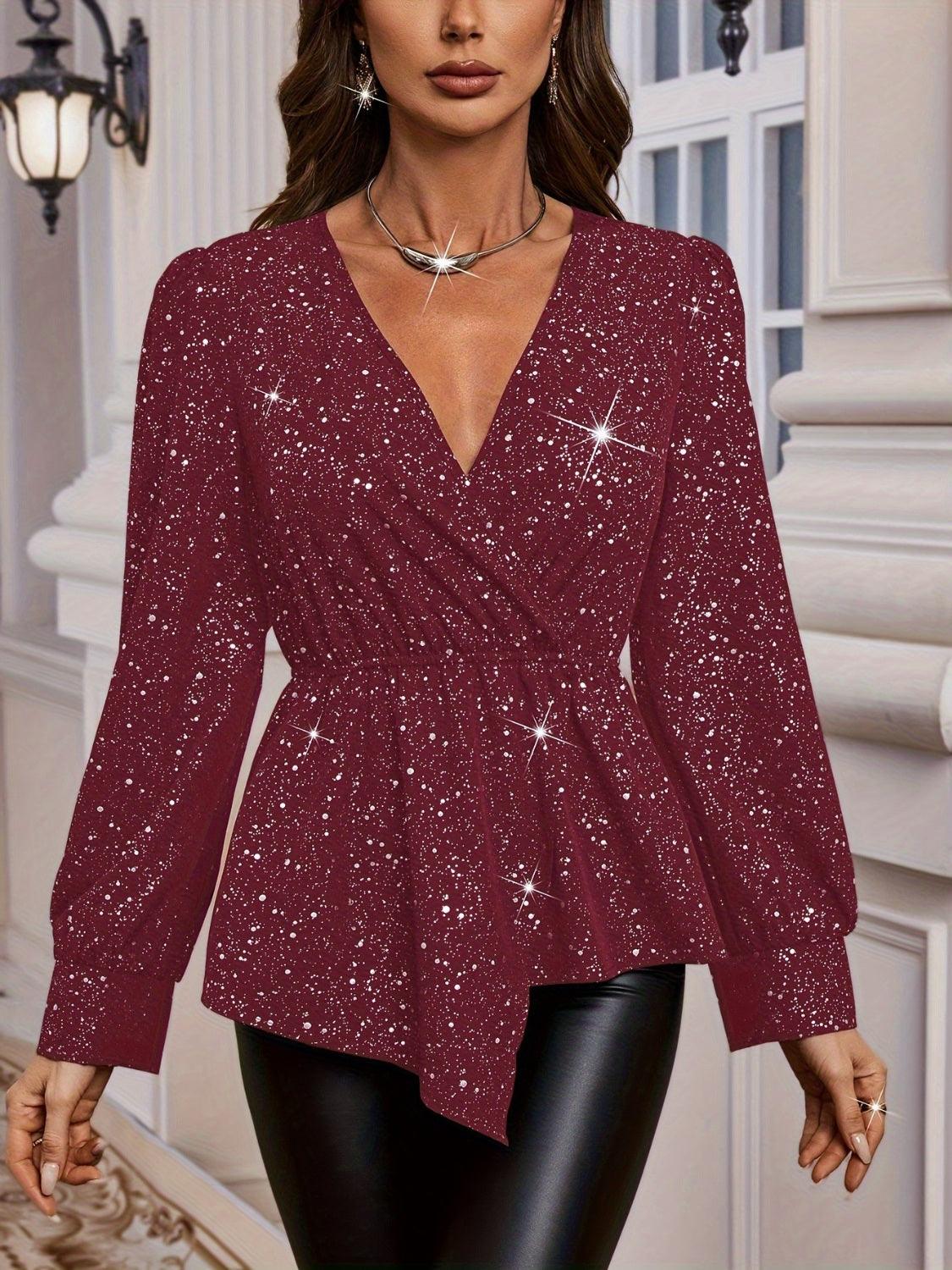 Asymmetrical Hem Surplice Long Sleeve Blouse - Trendy by Luna