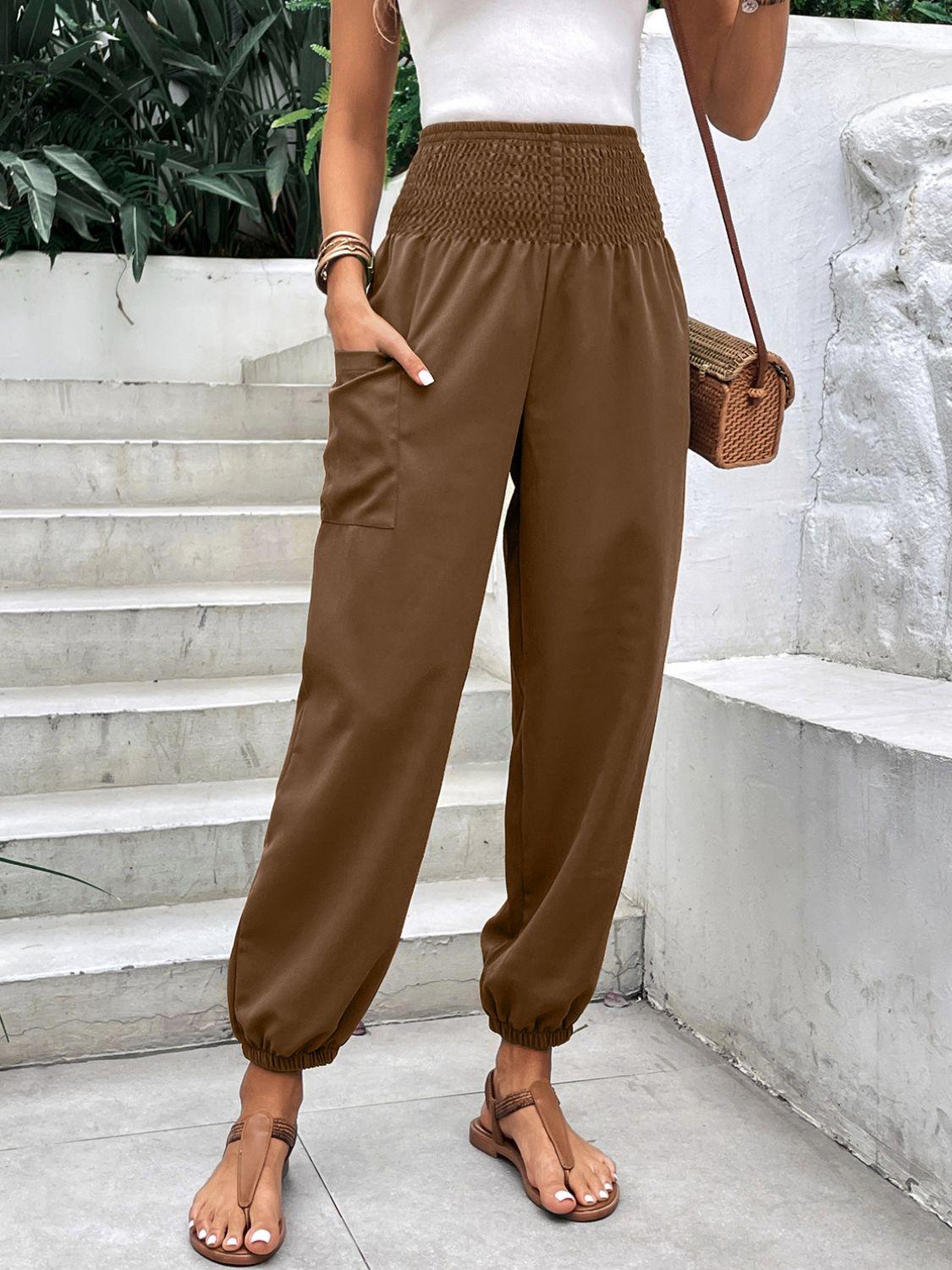 Smocked High Rise Joggers with Pockets - Trendy by Luna