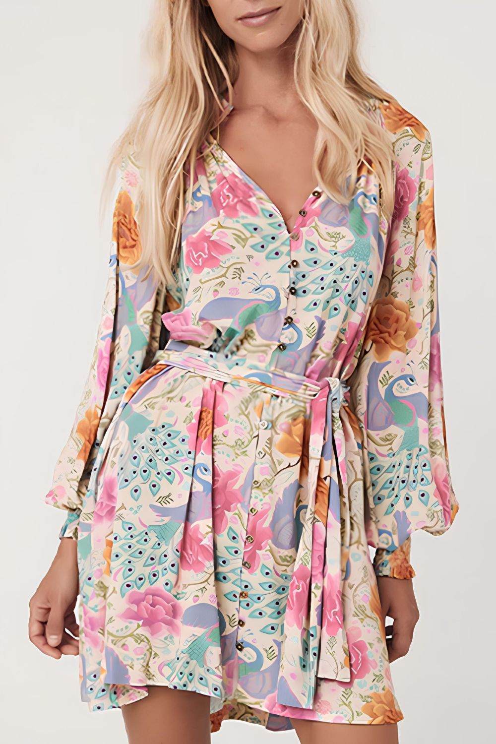 Printed Notched Lantern Sleeve Dress - Trendy by Luna