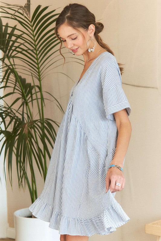 ADORA Ruffled Hem Striped V-Neck Babydoll Dress - Trendy by Luna