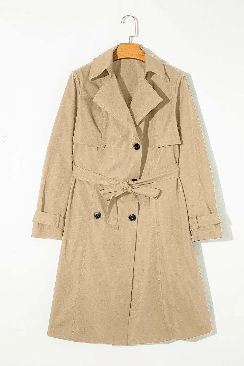 Collared Neck Tie Waist Buttoned Long Sleeve Trench Coat - Trendy by Luna