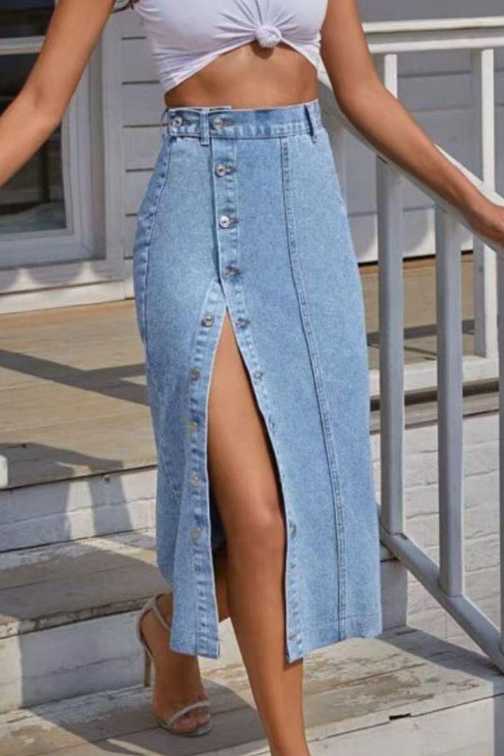 Buttoned Split Denim Skirt - Trendy by Luna