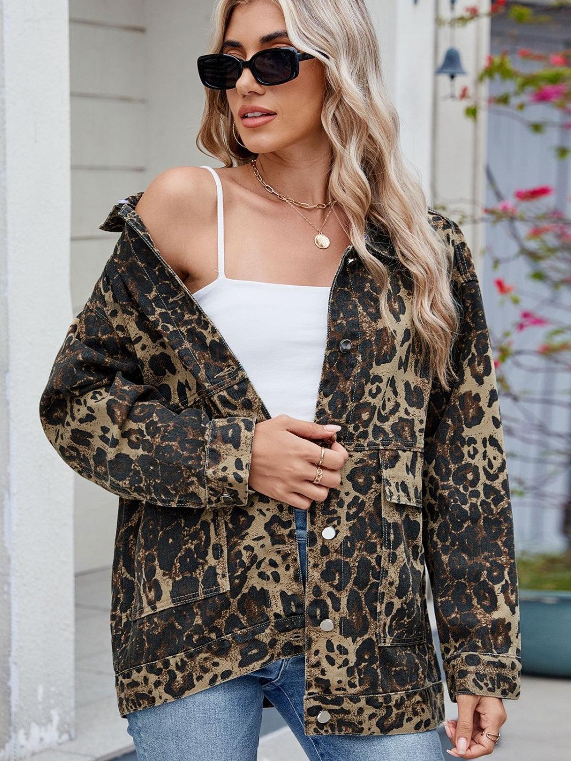 Leopard Button Up Drop Shoulder Denim Jacket - Trendy by Luna