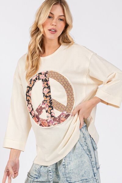 Floral Peace Patch Round Neck Top - Trendy by Luna