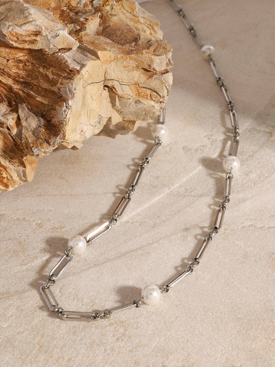 Stainless Steel Pearl Chain Necklace - Trendy by Luna