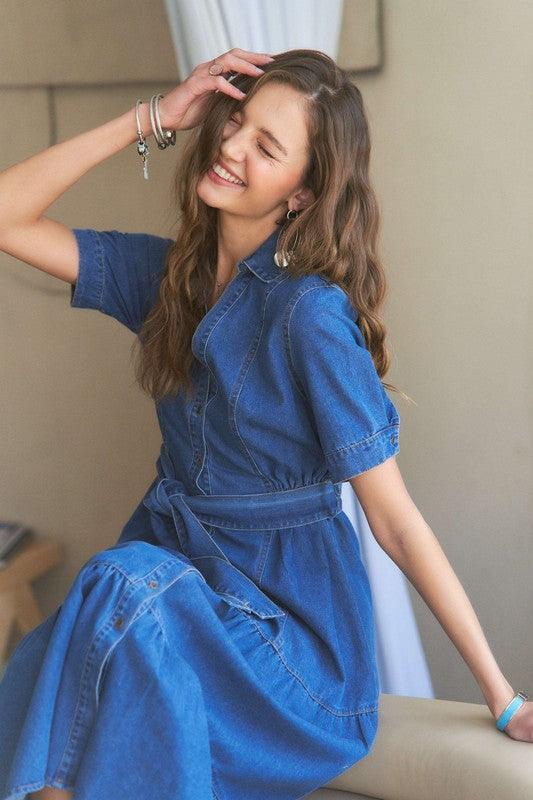 Tiered Button Down Tie Waist Short Sleeve Denim Dress - Trendy by Luna