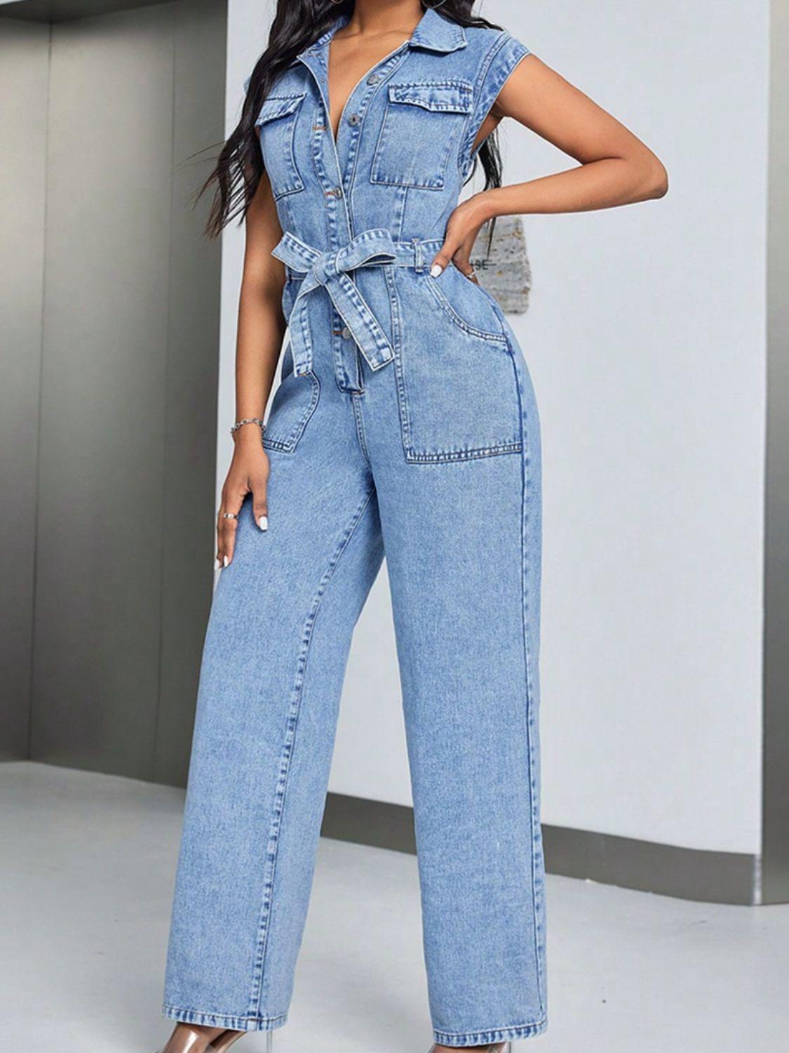 Tied Half Button Denim Jumpsuit with Pockets - Trendy by Luna