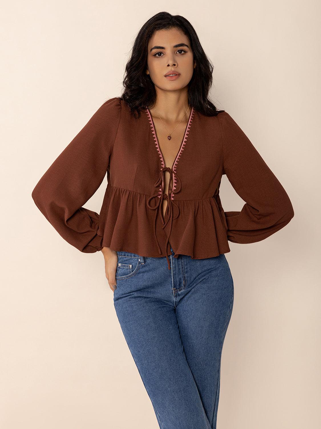 Peplum Tied V-Neck Long Sleeve Blouse - Trendy by Luna