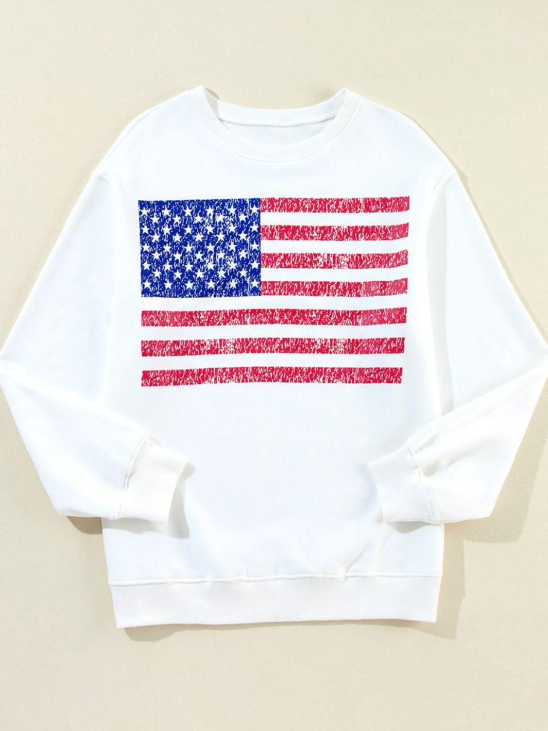 US Flag Round Neck Long Sleeve Sweatshirt - Trendy by Luna