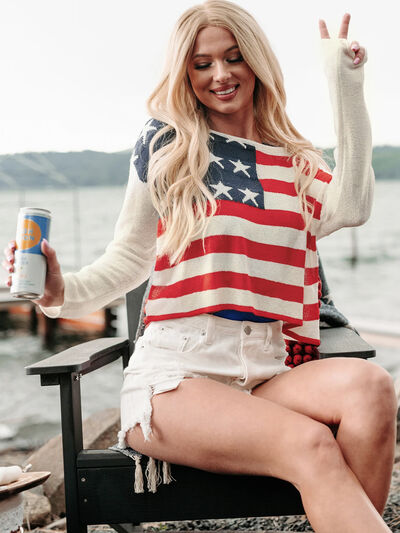 Perfee US Flag Boat Neck Long Sleeve Knit Top - Trendy by Luna