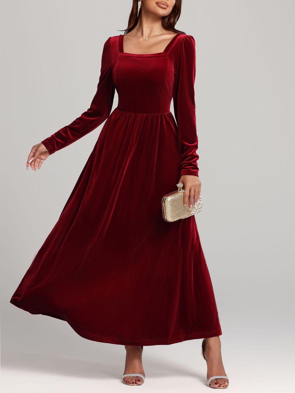 Velvet Square Neck Long Sleeve Dress - Trendy by Luna