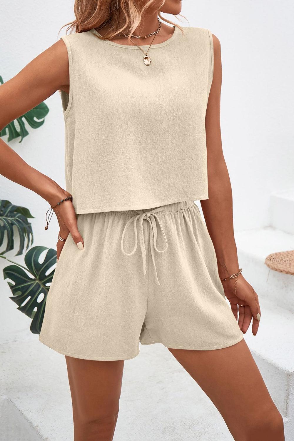 Round Neck Top and Drawstring Shorts Set - Trendy by Luna