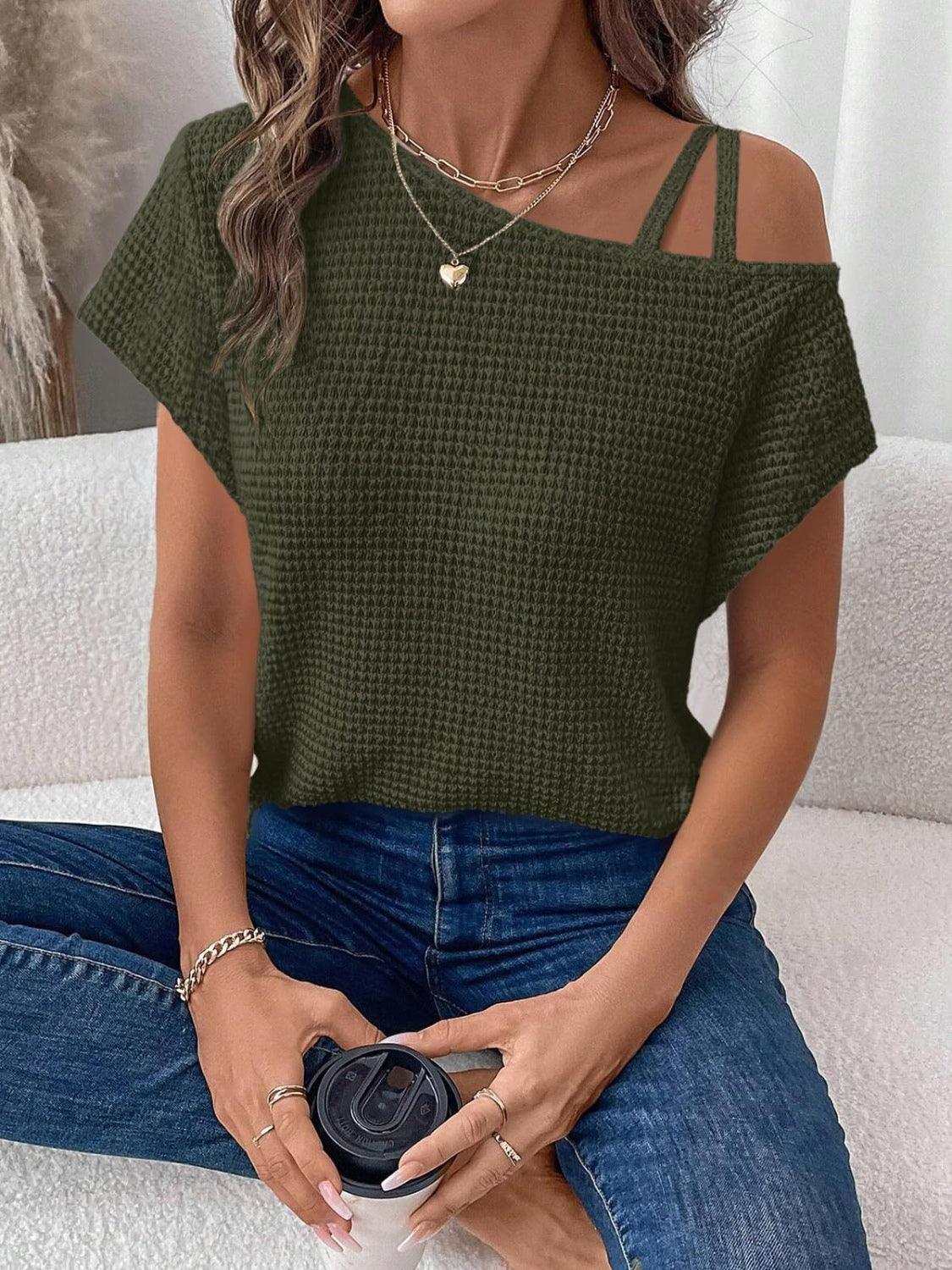 Asymmetrical Neck Short Sleeve T-Shirt - Trendy by Luna