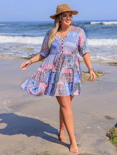 Plus Size Printed V-Neck Tiered Mini Dress - Trendy by Luna