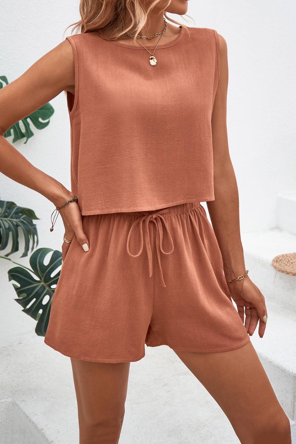 Round Neck Top and Drawstring Shorts Set - Trendy by Luna