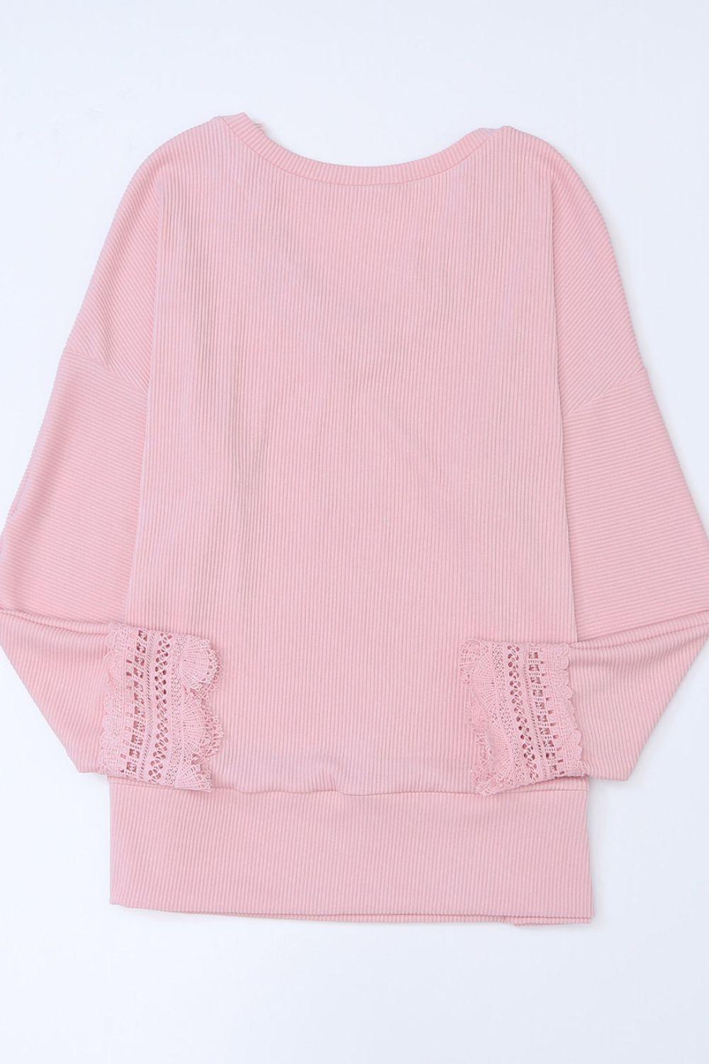 Lace Detail V-Neck Long Sleeve T-Shirt - Trendy by Luna