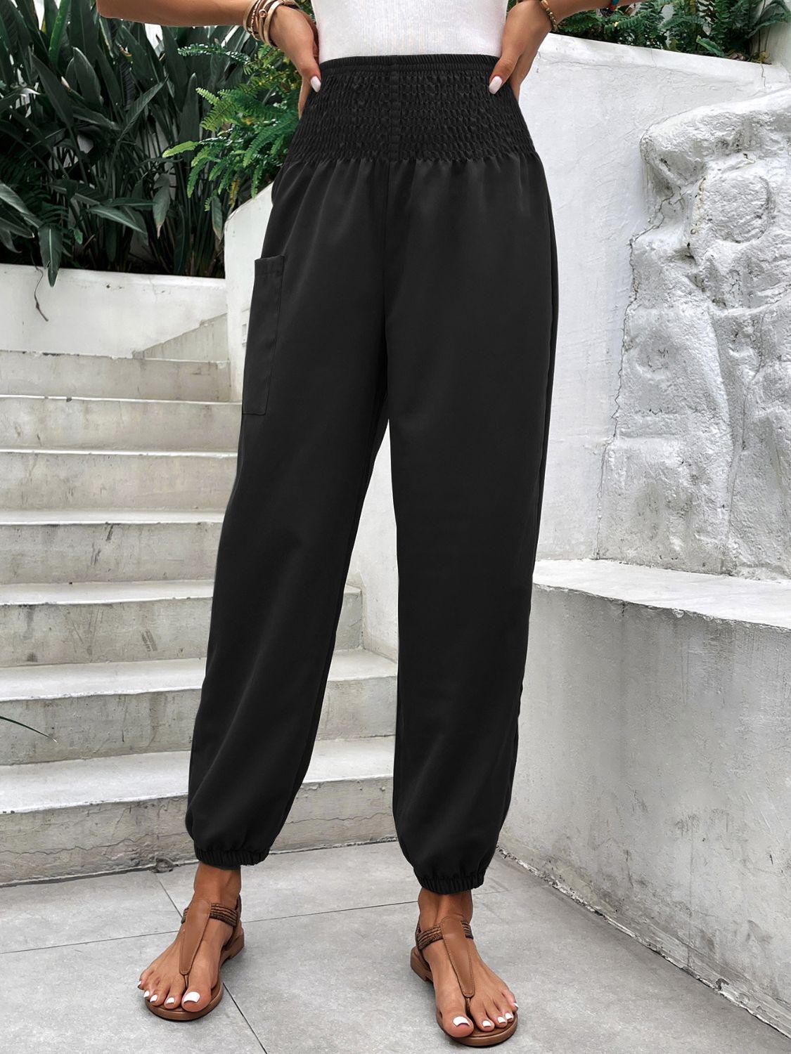 Smocked High Rise Joggers with Pockets - Trendy by Luna