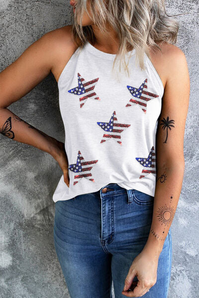 Sequin US Flag Star Grecian Neck Tank - Trendy by Luna