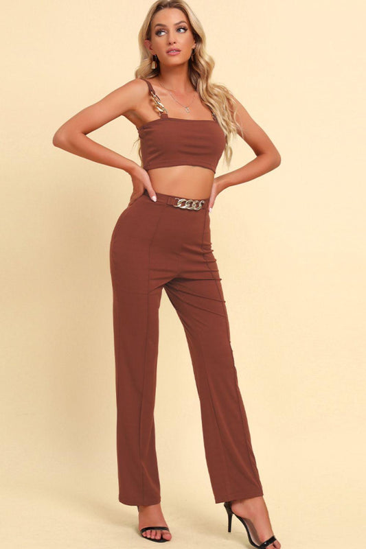 Chain Detail Cropped Cami and Straight Leg Pants Set - Trendy by Luna