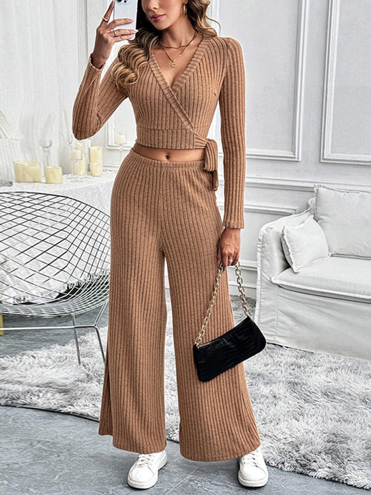 Perfee Surplice Long Sleeve Top and Pants Set - Trendy by Luna