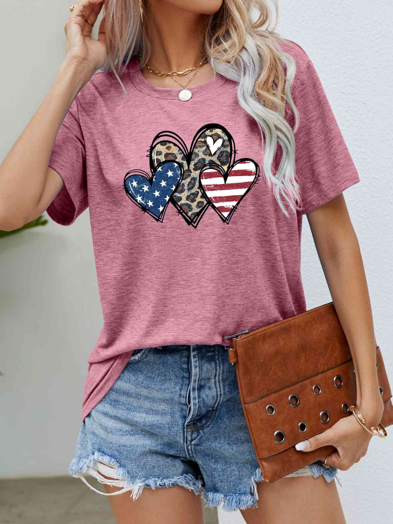 US Flag Leopard Heart Graphic Tee - Trendy by Luna