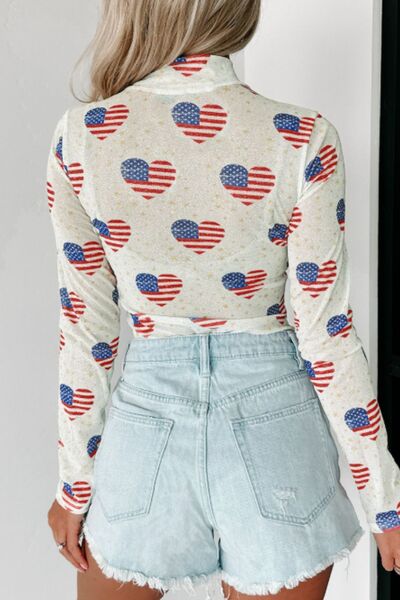 US Flag Heart Mock Neck Long Sleeve Bodysuit - Trendy by Luna